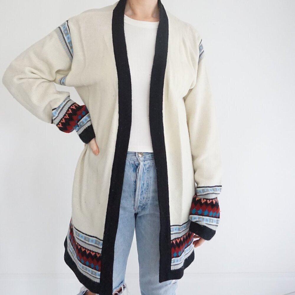 Vintage Hagerman Wool Blend Cardigan Ivory Black Trim Southwest Print L